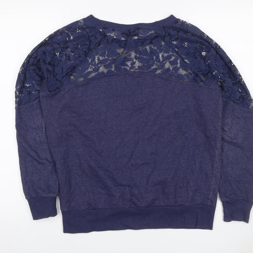 Warehouse Women Blue UK 12 Jersey Top Floral Lace Raglan Long Sleeve