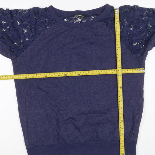 Warehouse Women Blue UK 12 Jersey Top Floral Lace Raglan Long Sleeve