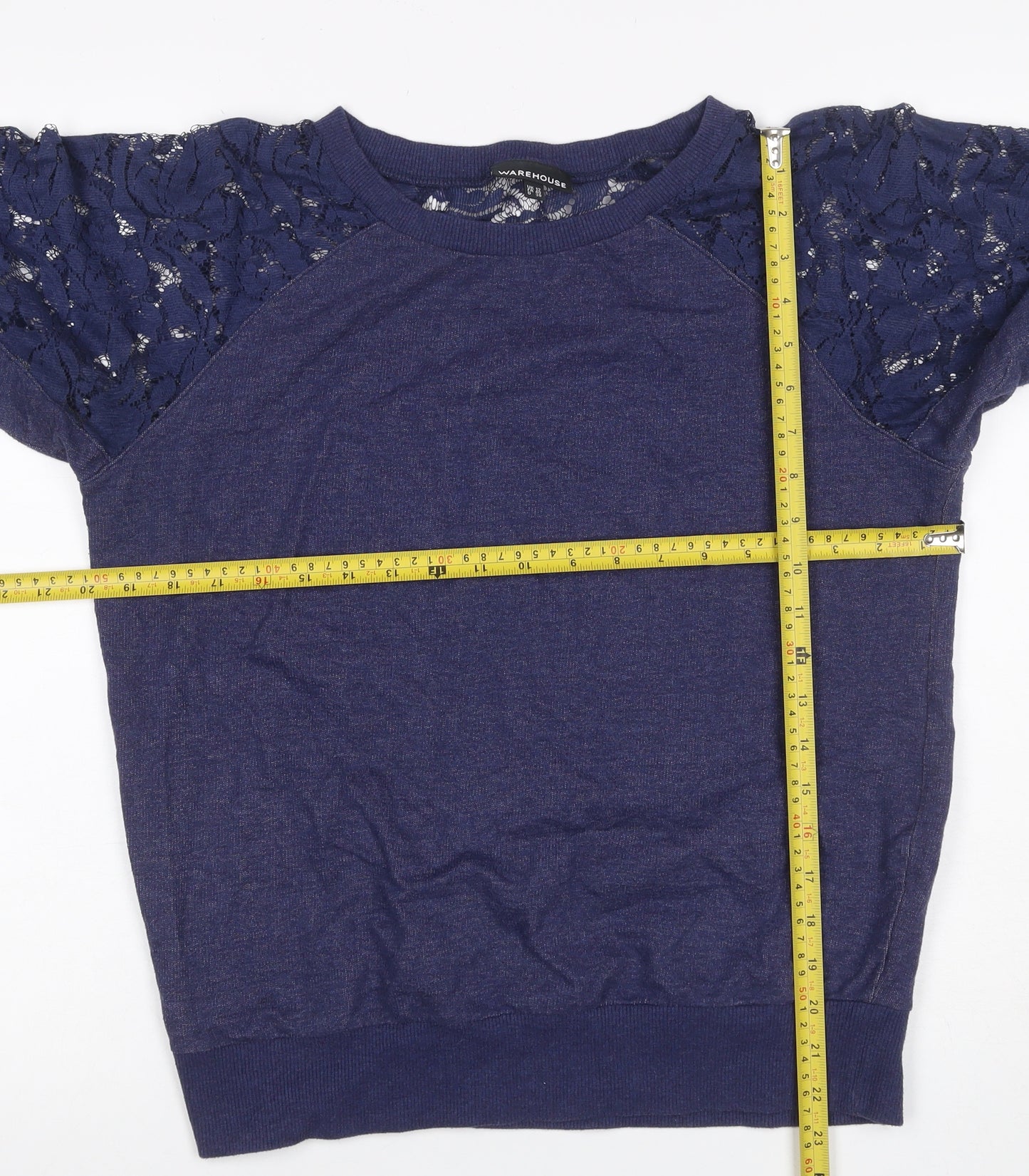 Warehouse Women Blue UK 12 Jersey Top Floral Lace Raglan Long Sleeve