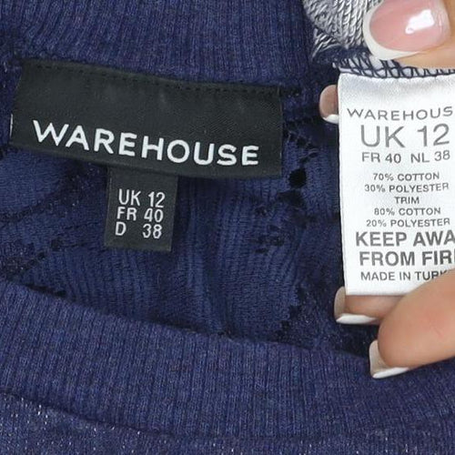 Warehouse Women Blue UK 12 Jersey Top Floral Lace Raglan Long Sleeve