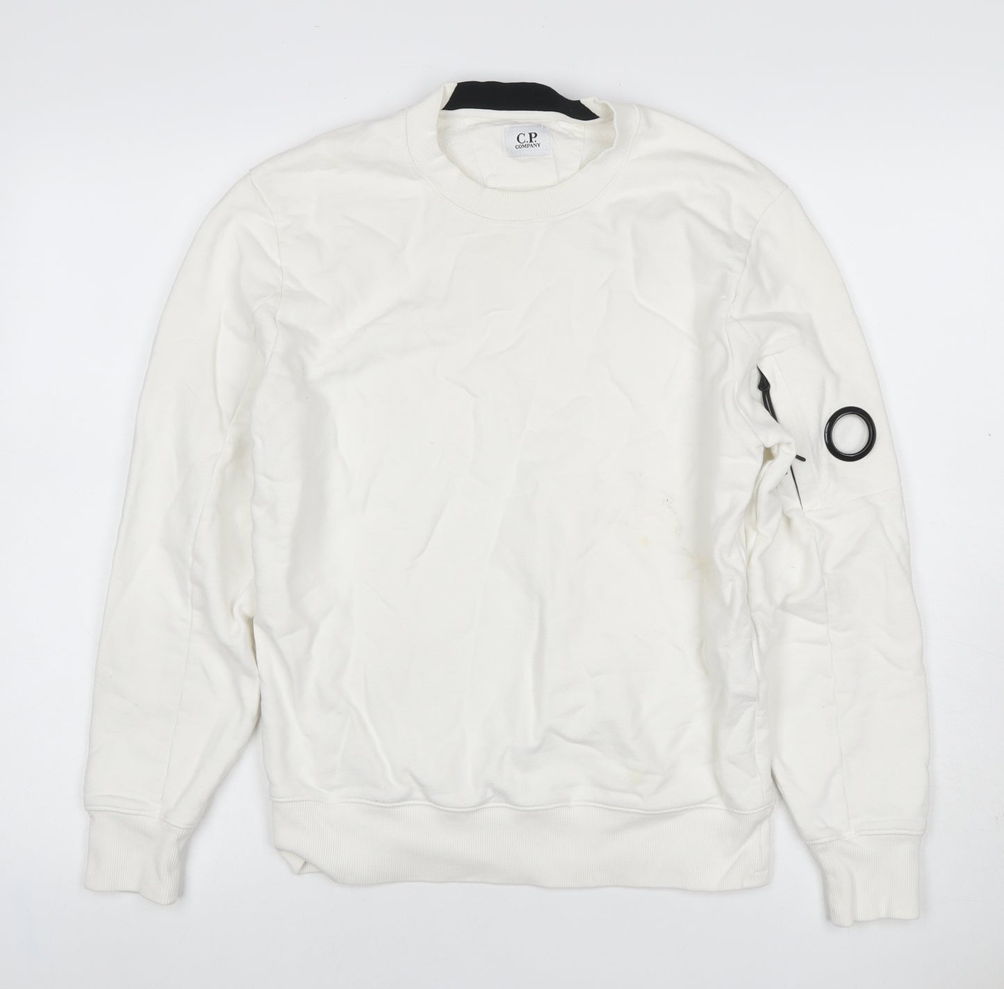 C.P. Company Men’s White S Crew Neck Sweatshirt Lens Pocket Pullover