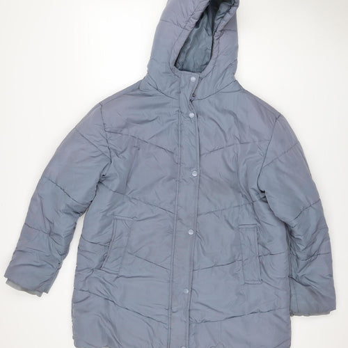 M&S Women Blue UK 14 Hooded Quilted Puffer Jacket Snap Front