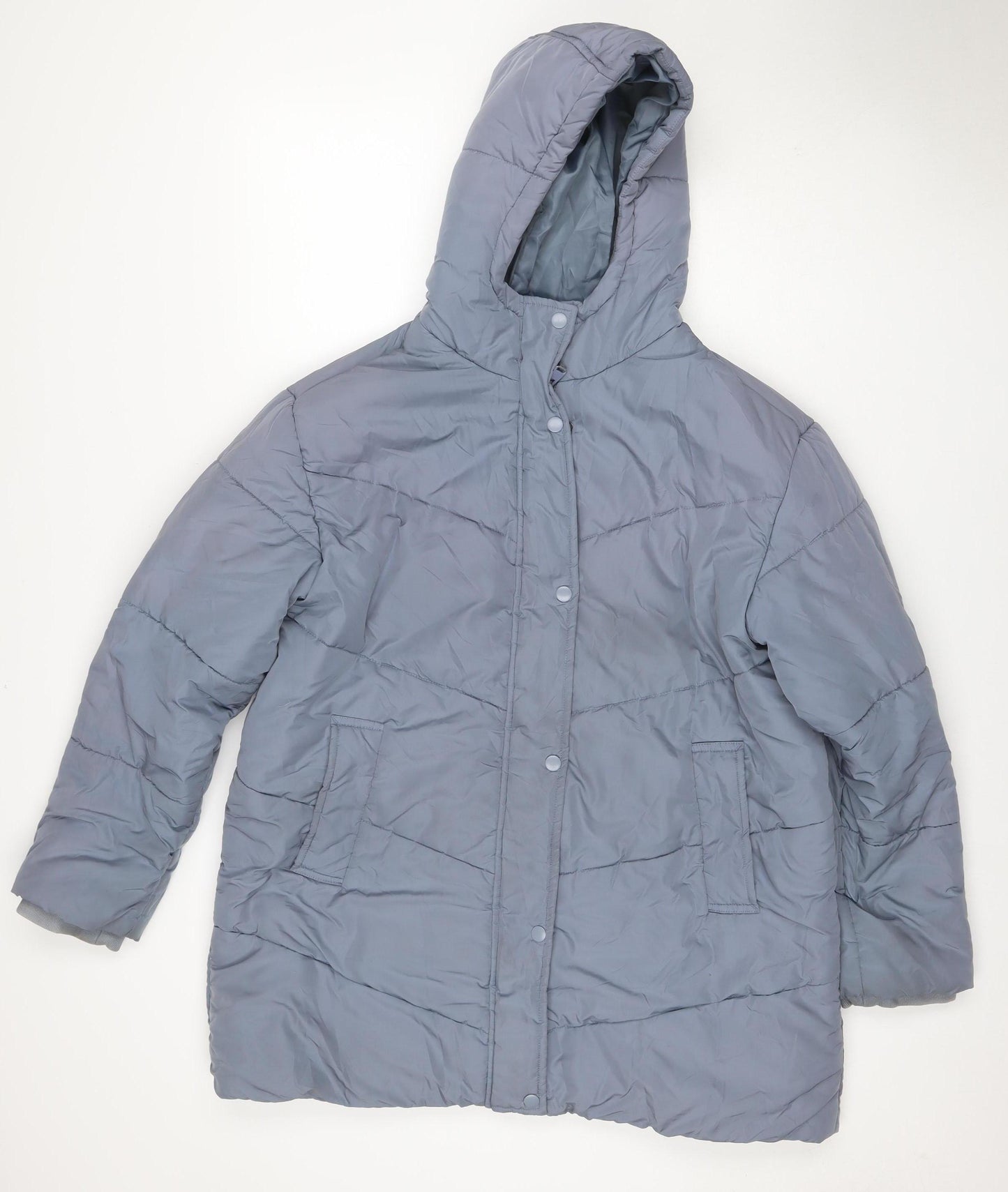 M&S Women Blue UK 14 Hooded Quilted Puffer Jacket Snap Front