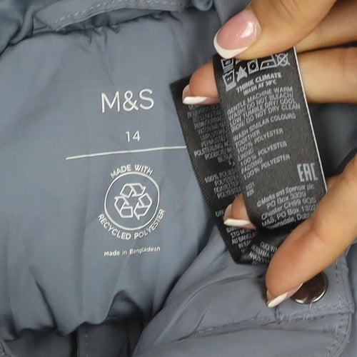 M&S Women Blue UK 14 Hooded Quilted Puffer Jacket Snap Front
