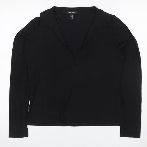 New Look Women Black UK 16 Ribbed Wrap Collared Long Sleeve Blouse