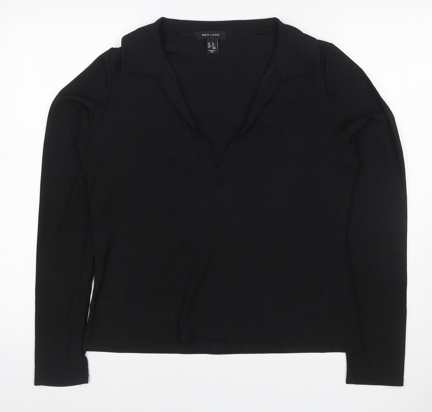 New Look Women Black UK 16 Ribbed Wrap Collared Long Sleeve Blouse