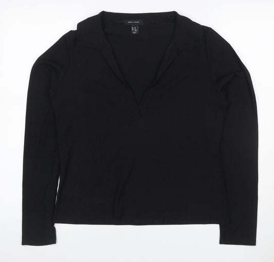 New Look Women Black UK 16 Ribbed Wrap Collared Long Sleeve Blouse