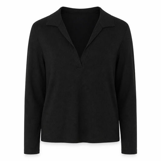 New Look Women Black UK 16 Ribbed Wrap Collared Long Sleeve Blouse