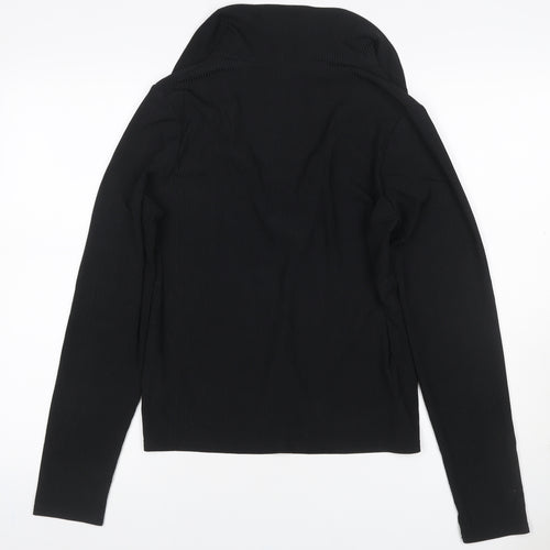 New Look Women Black UK 16 Ribbed Wrap Collared Long Sleeve Blouse