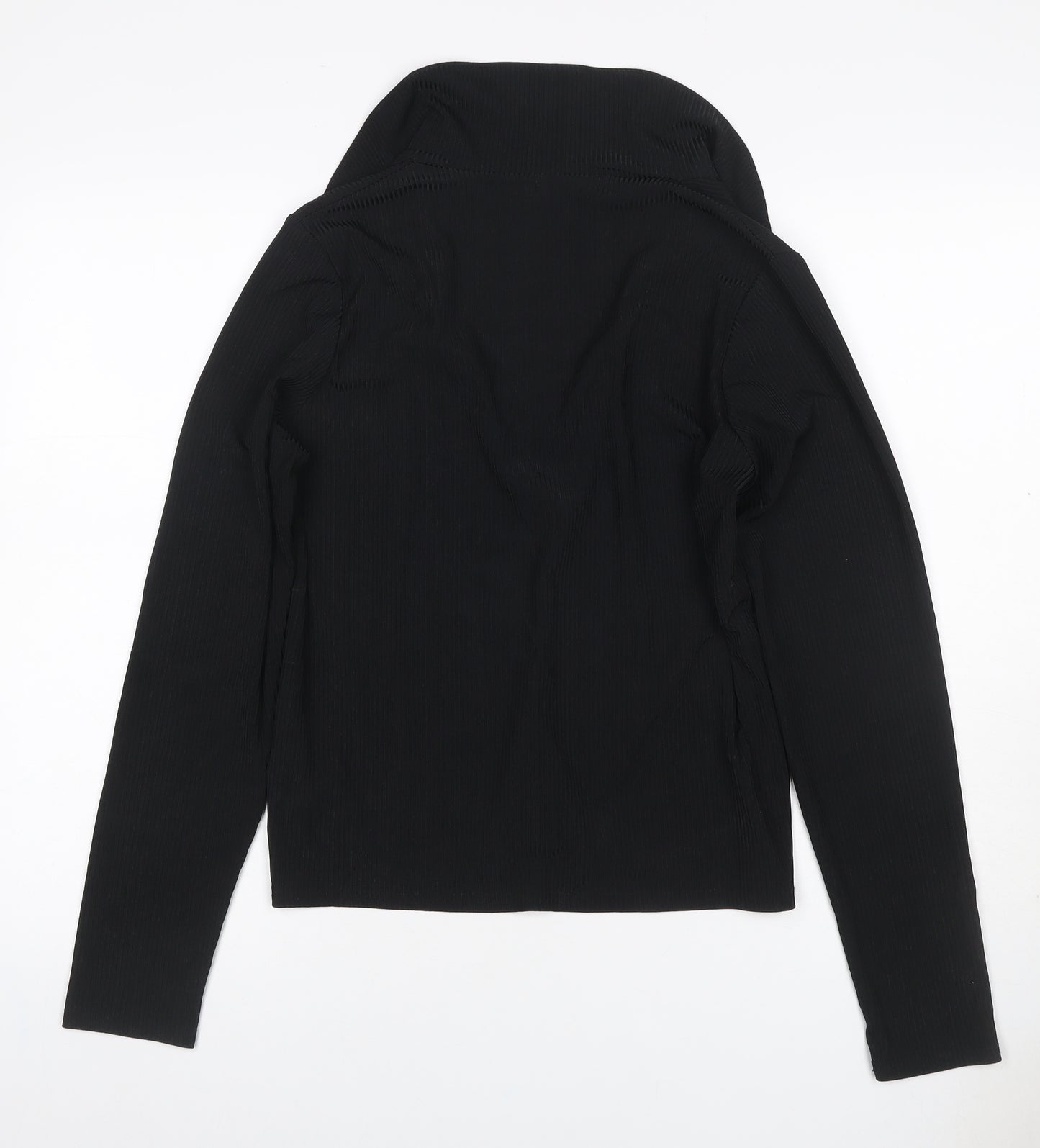 New Look Women Black UK 16 Ribbed Wrap Collared Long Sleeve Blouse