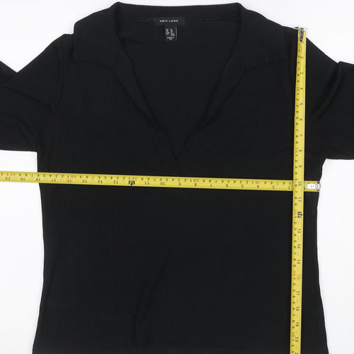 New Look Women Black UK 16 Ribbed Wrap Collared Long Sleeve Blouse