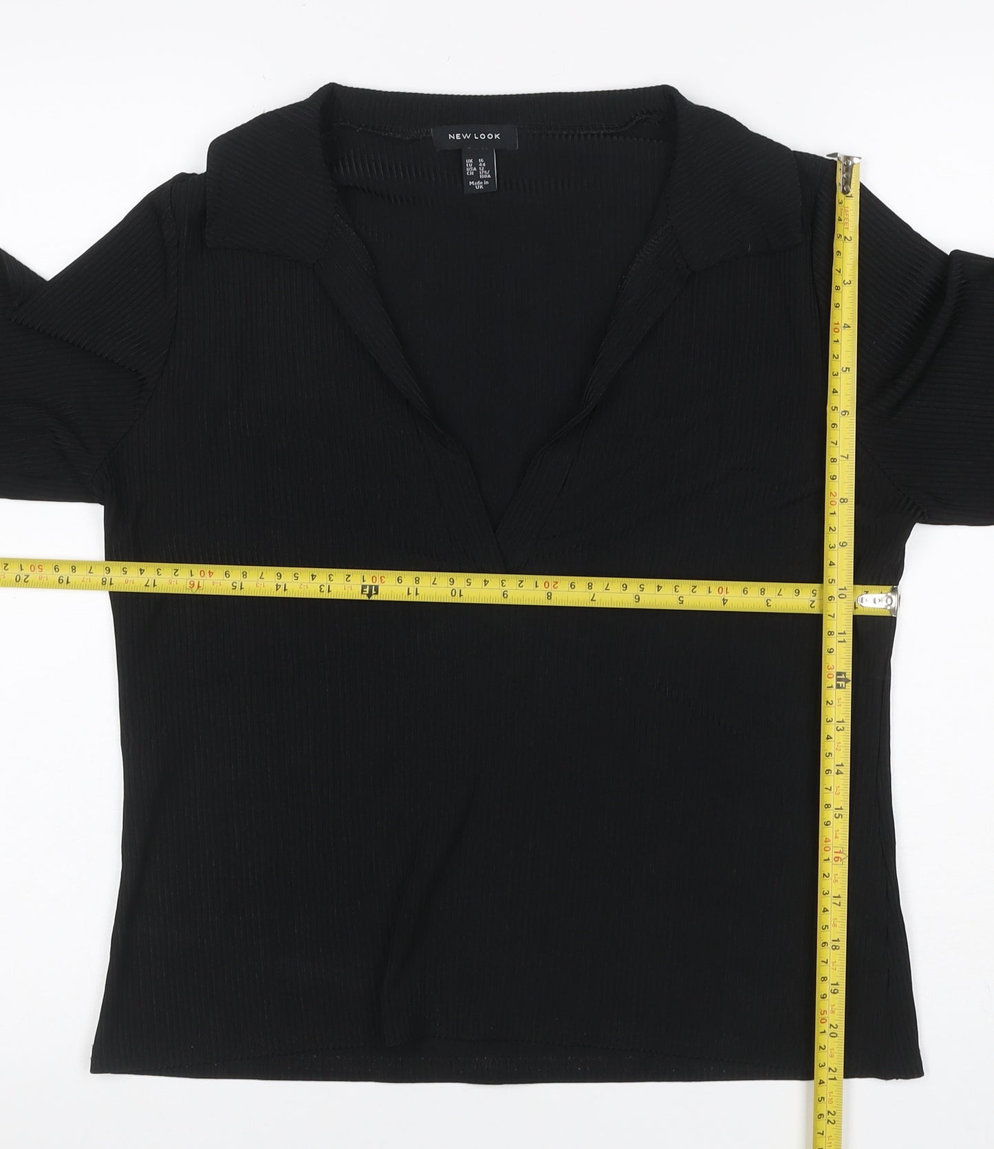 New Look Women Black UK 16 Ribbed Wrap Collared Long Sleeve Blouse