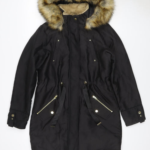 Next Women’s Black UK 8 Faux Fur Hood Belted Long Parka Coat