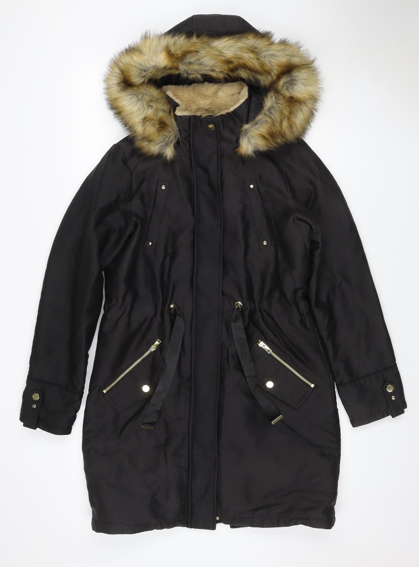 Next Women’s Black UK 8 Faux Fur Hood Belted Long Parka Coat