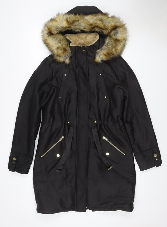Next Women’s Black UK 8 Faux Fur Hood Belted Long Parka Coat
