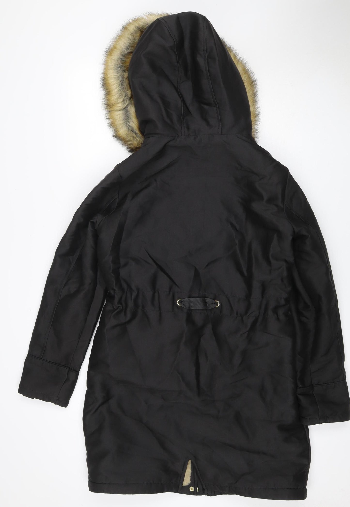Next Women’s Black UK 8 Faux Fur Hood Belted Long Parka Coat