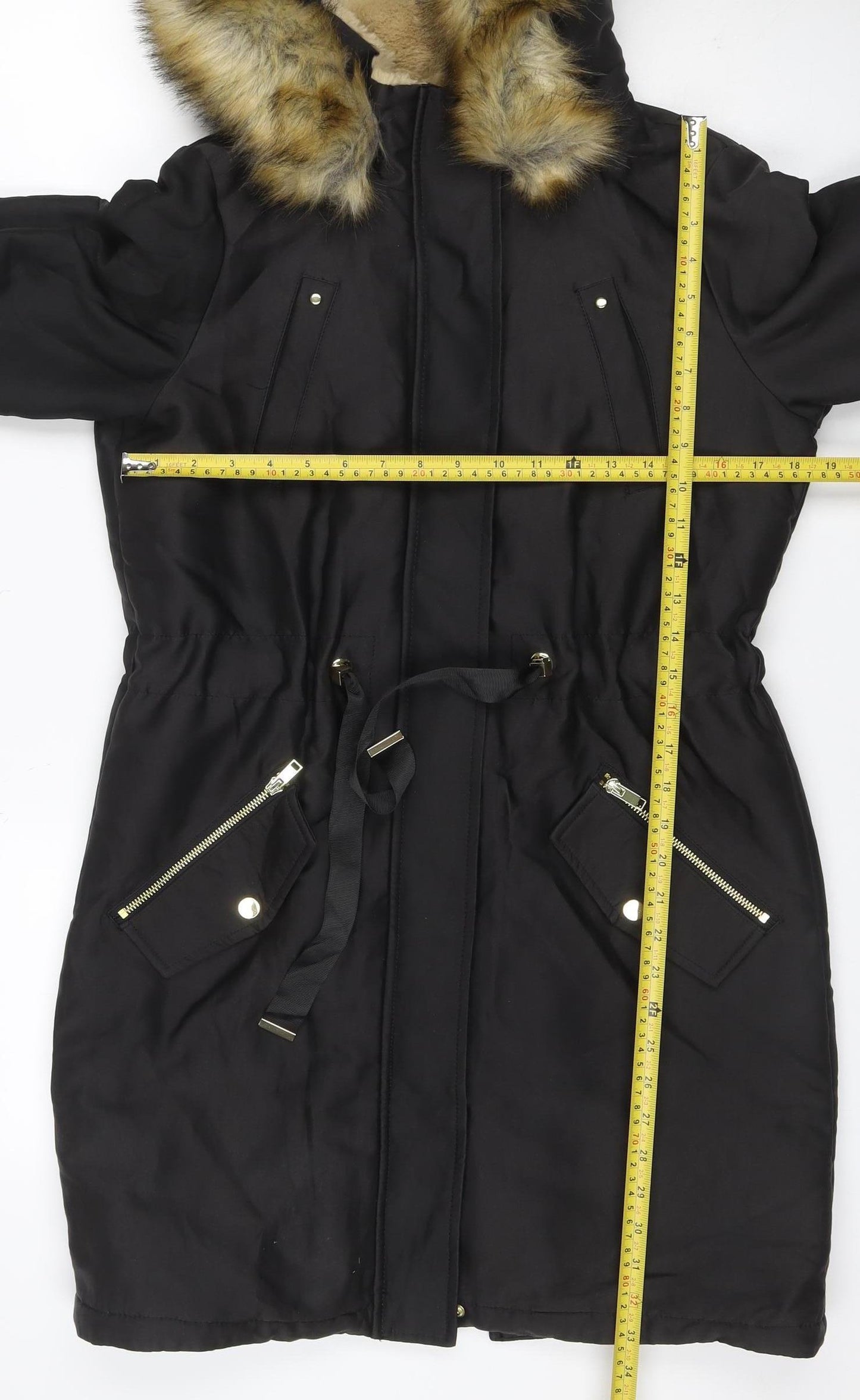 Next Women’s Black UK 8 Faux Fur Hood Belted Long Parka Coat