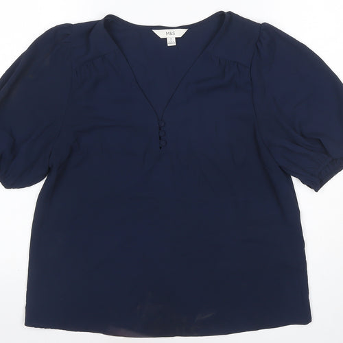 Marks and Spencer Women Blue Size 10 V-Neck Puff Sleeve Blouse