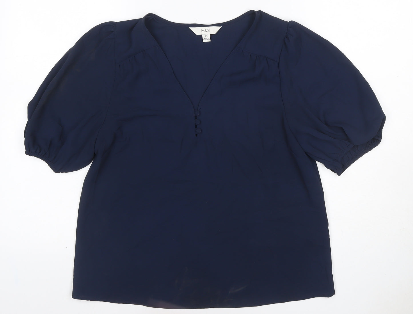 Marks and Spencer Women Blue Size 10 V-Neck Puff Sleeve Blouse