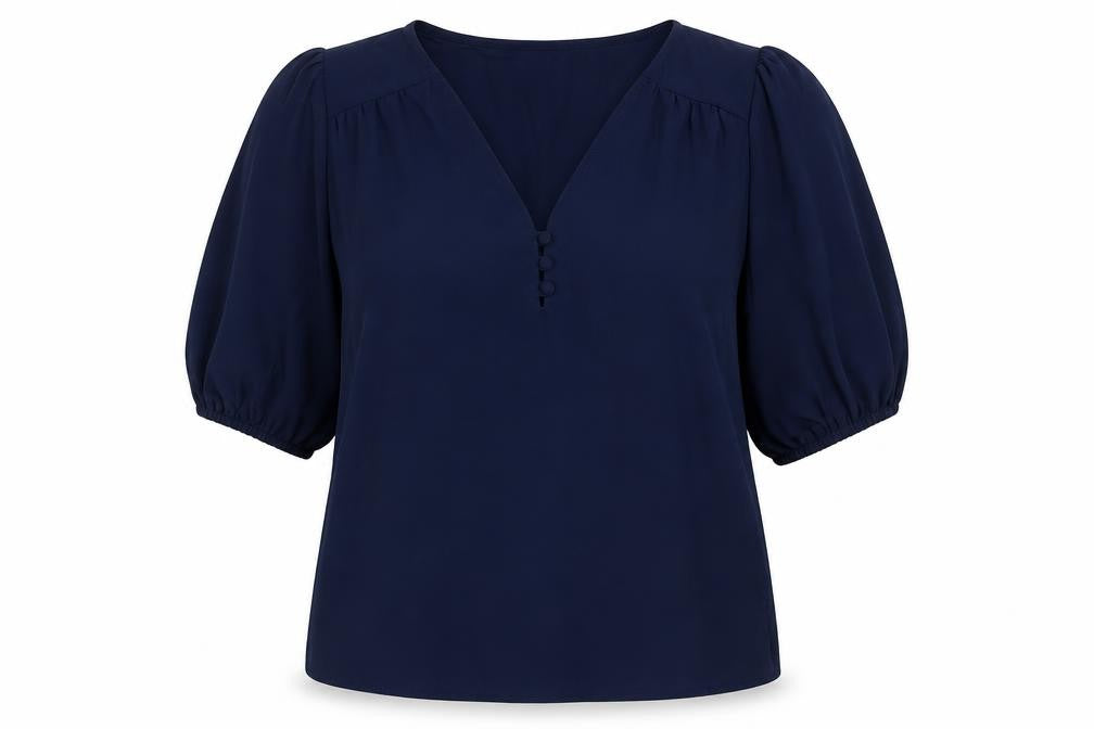 Marks and Spencer Women Blue Size 10 V-Neck Puff Sleeve Blouse