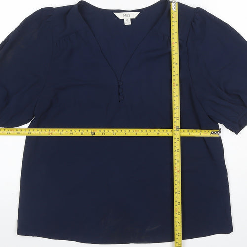 Marks and Spencer Women Blue Size 10 V-Neck Puff Sleeve Blouse