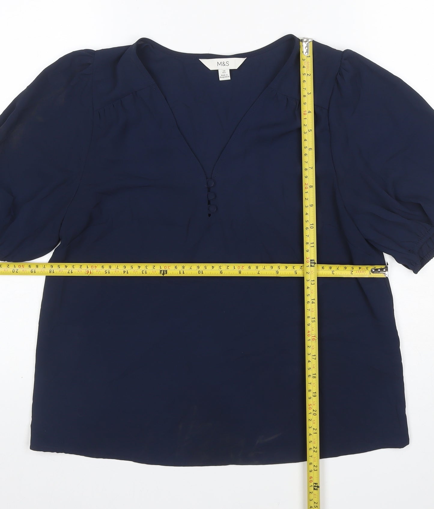 Marks and Spencer Women Blue Size 10 V-Neck Puff Sleeve Blouse