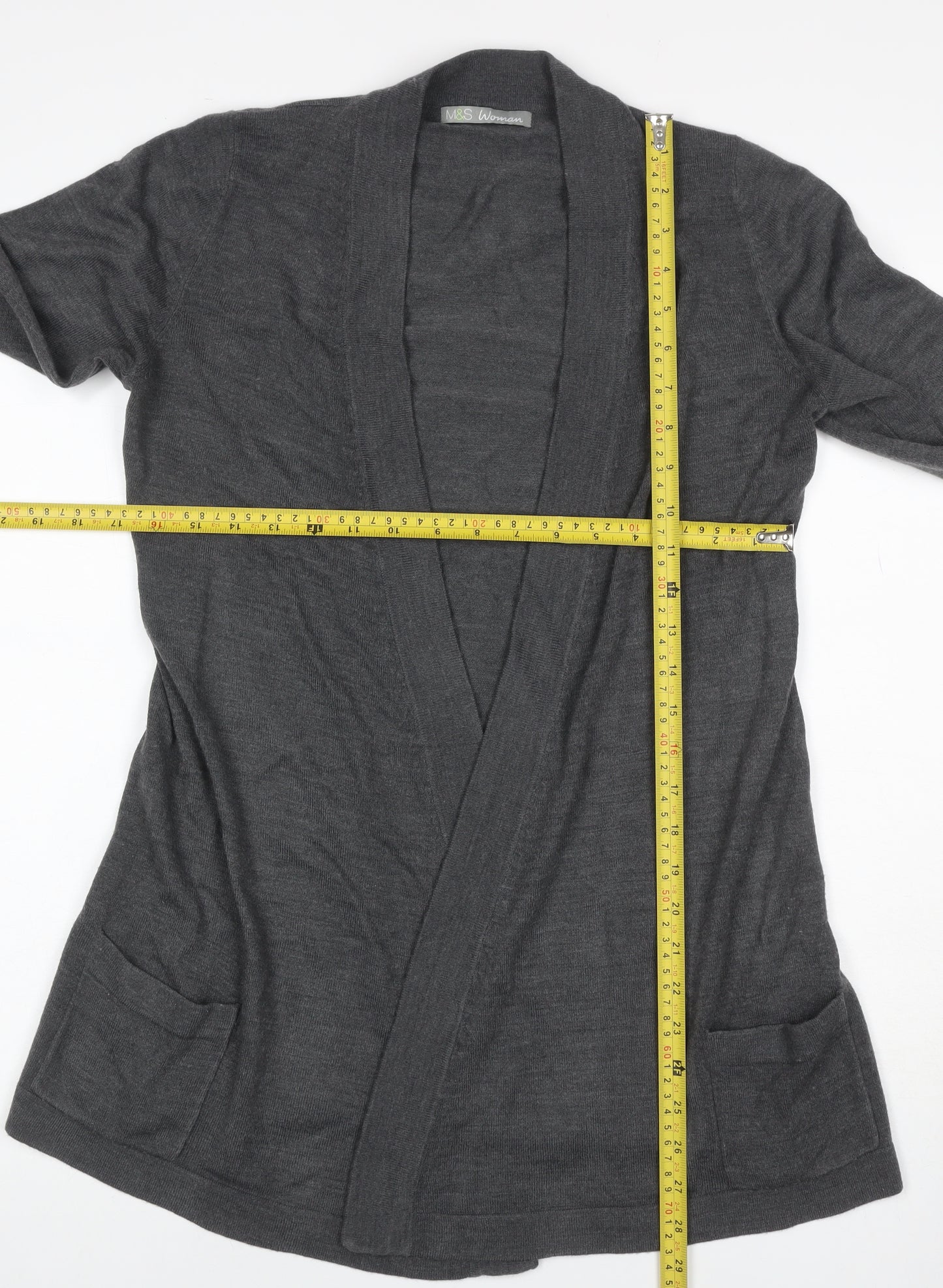 Marks and Spencer Women Grey Size 12 Open Knit Cardigan Pockets