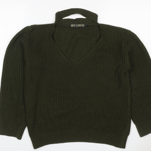 QED London Women’s Green L Chunky Knit V-Neck Choker Jumper