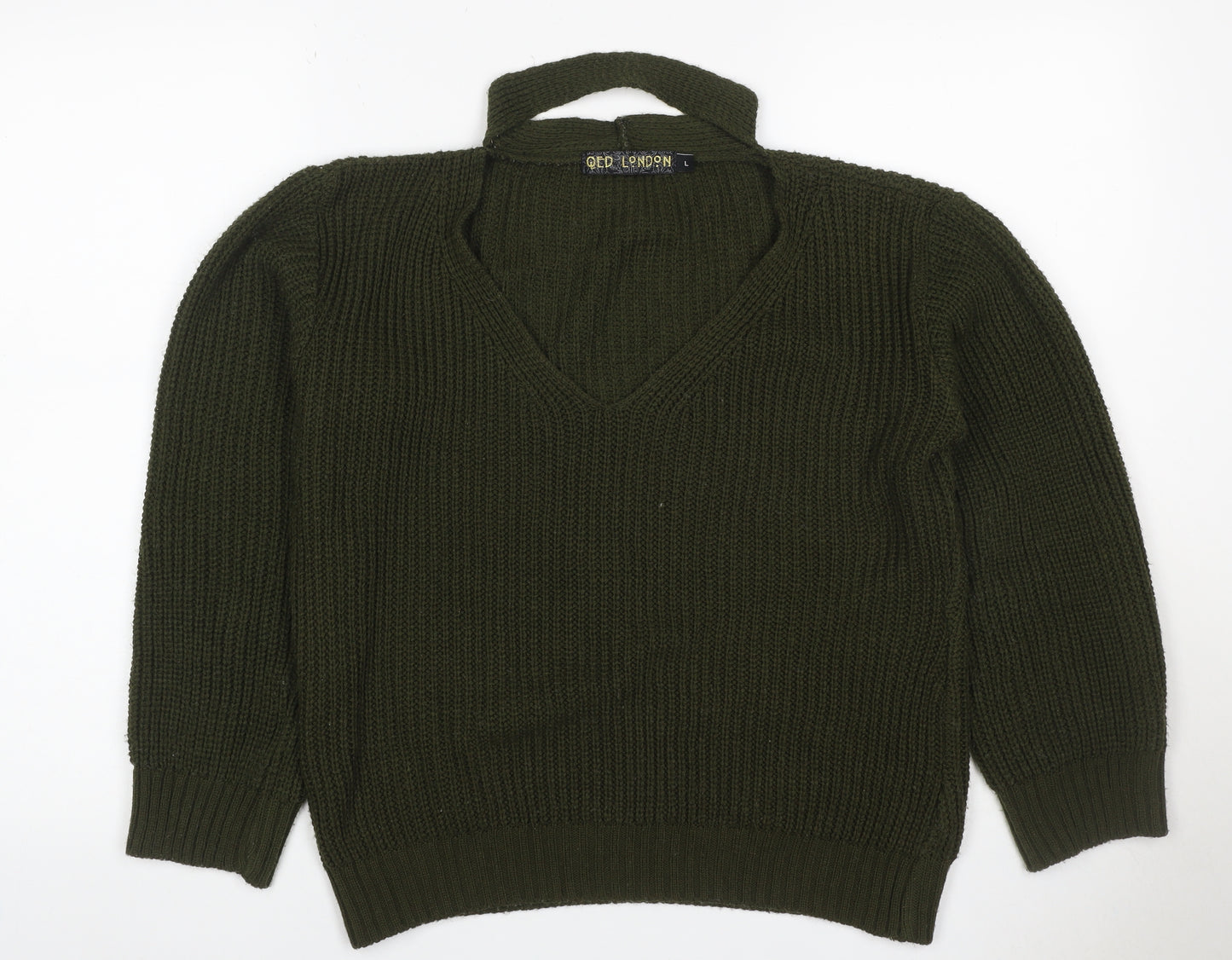 QED London Women’s Green L Chunky Knit V-Neck Choker Jumper