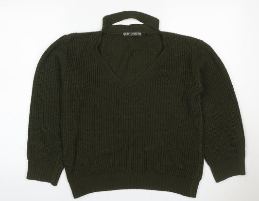 QED London Women’s Green L Chunky Knit V-Neck Choker Jumper