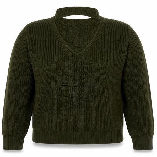 QED London Women’s Green L Chunky Knit V-Neck Choker Jumper
