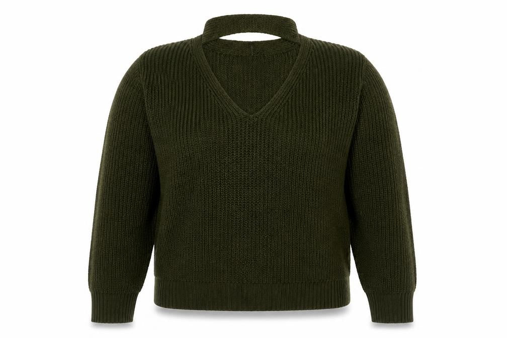 QED London Women’s Green L Chunky Knit V-Neck Choker Jumper