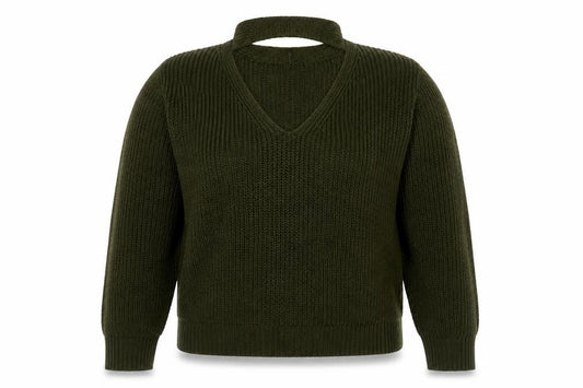 QED London Women’s Green L Chunky Knit V-Neck Choker Jumper