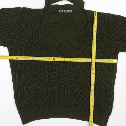 QED London Women’s Green L Chunky Knit V-Neck Choker Jumper
