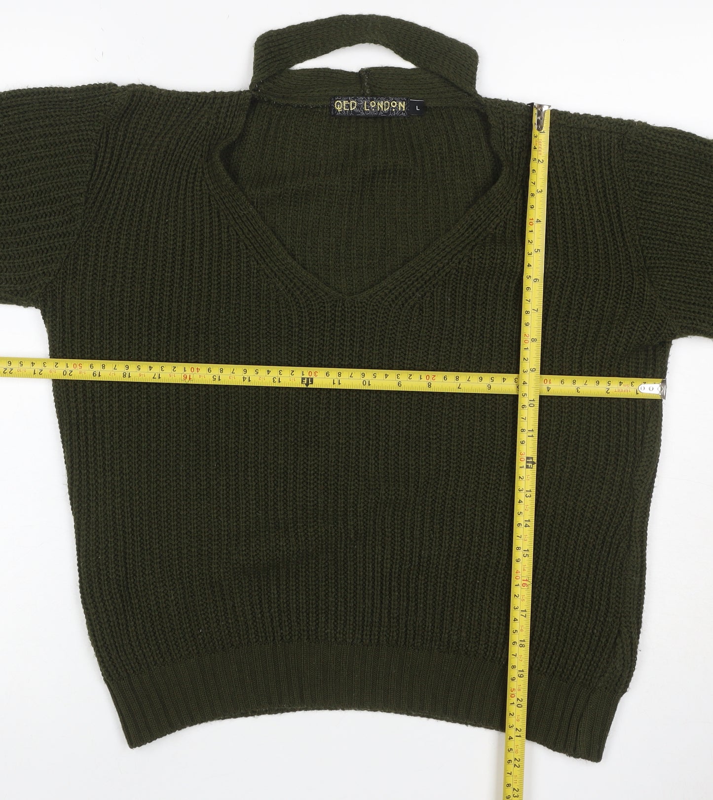 QED London Women’s Green L Chunky Knit V-Neck Choker Jumper