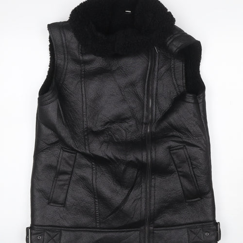 M&S Women’s Black Size 10 Faux Leather Biker Shearling Waistcoat