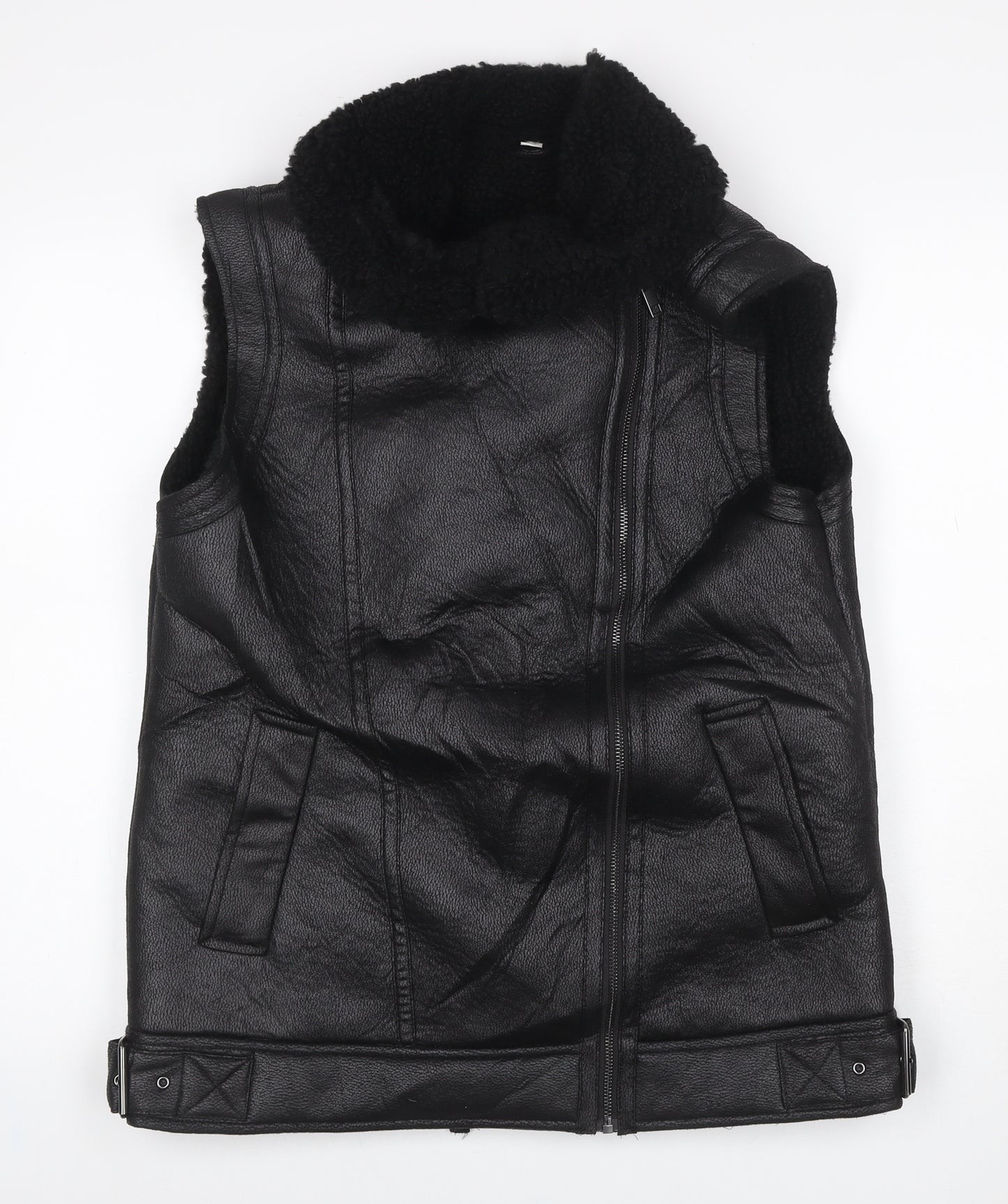 M&S Women’s Black Size 10 Faux Leather Biker Shearling Waistcoat