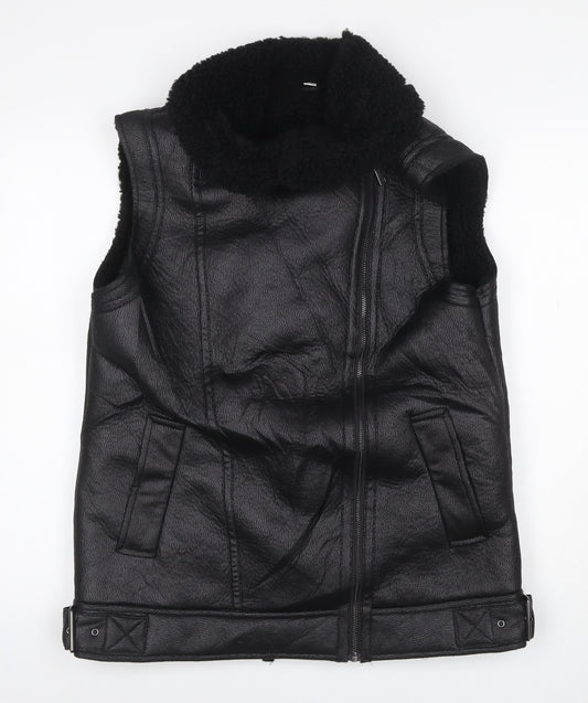 M&S Women’s Black Size 10 Faux Leather Biker Shearling Waistcoat