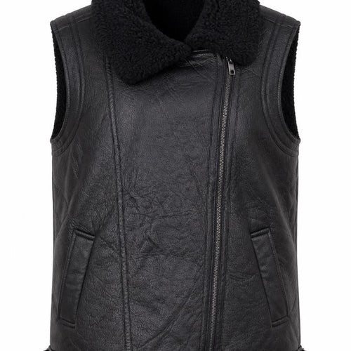 M&S Women’s Black Size 10 Faux Leather Biker Shearling Waistcoat
