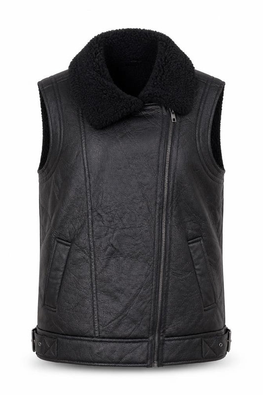 M&S Women’s Black Size 10 Faux Leather Biker Shearling Waistcoat