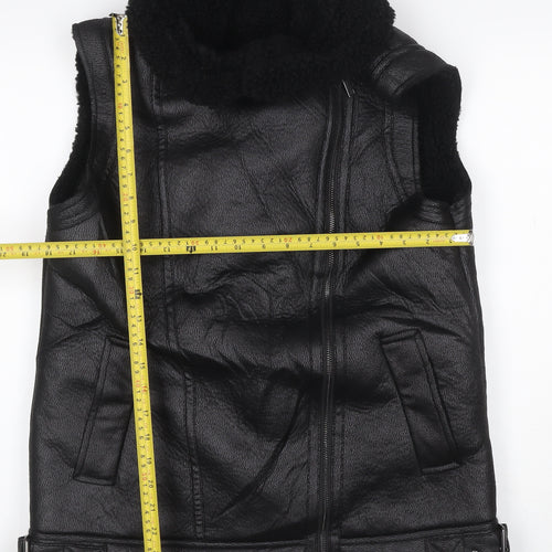 M&S Women’s Black Size 10 Faux Leather Biker Shearling Waistcoat