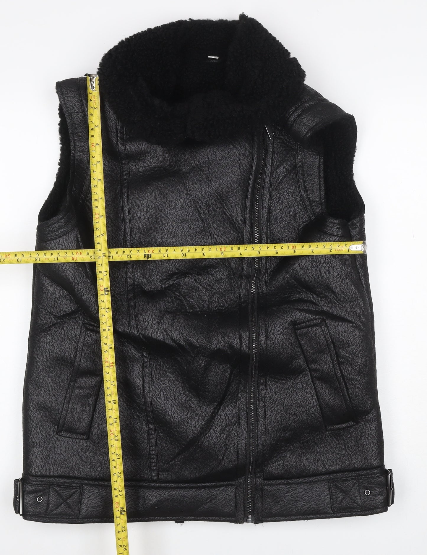 M&S Women’s Black Size 10 Faux Leather Biker Shearling Waistcoat