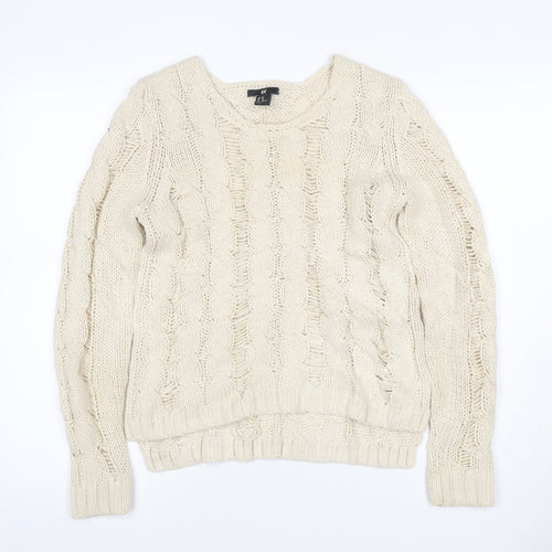 H&M Women Ivory XS Cable Knit Chunky Pullover Jumper Cotton Blend