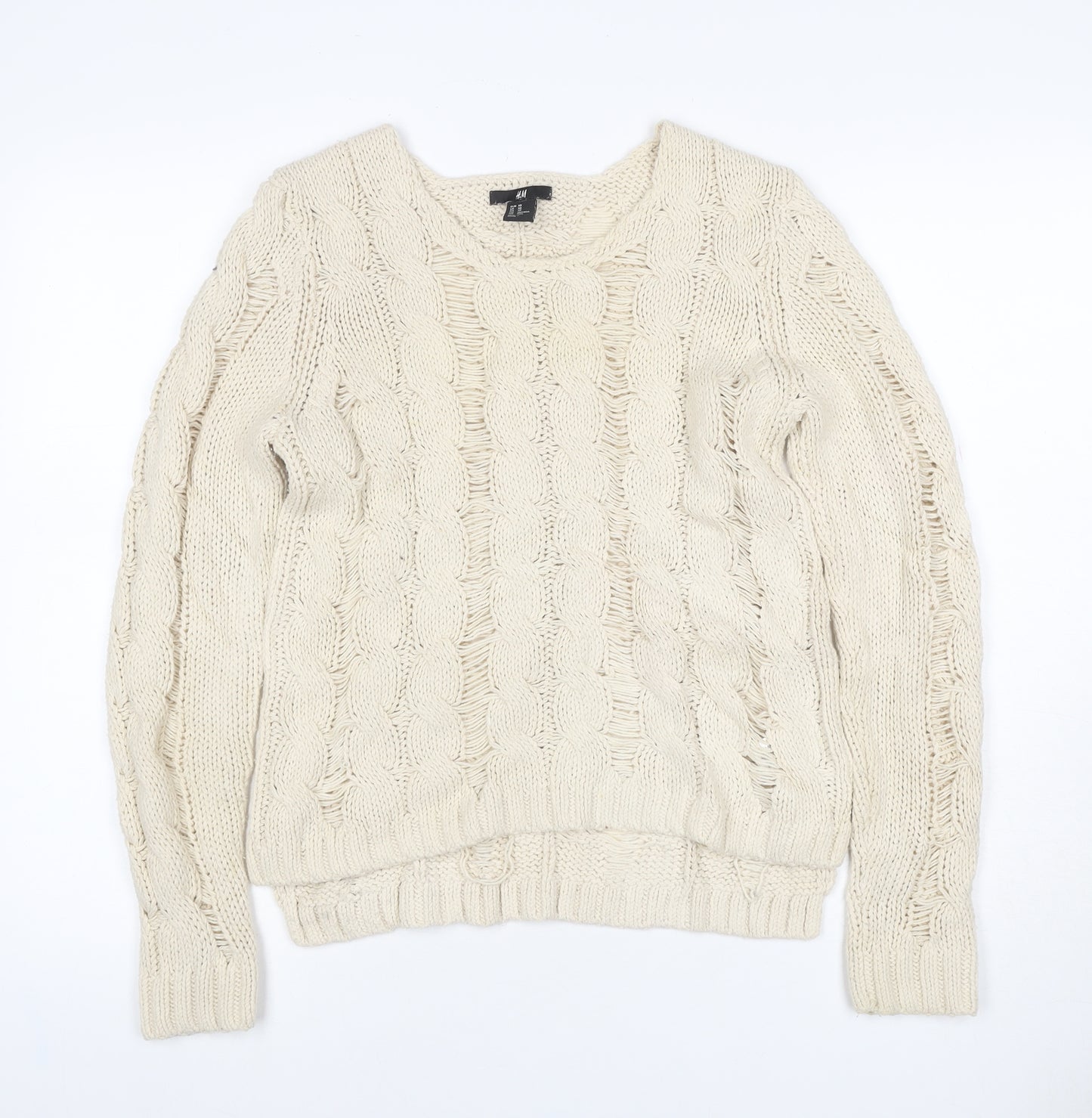 H&M Women Ivory XS Cable Knit Chunky Pullover Jumper Cotton Blend