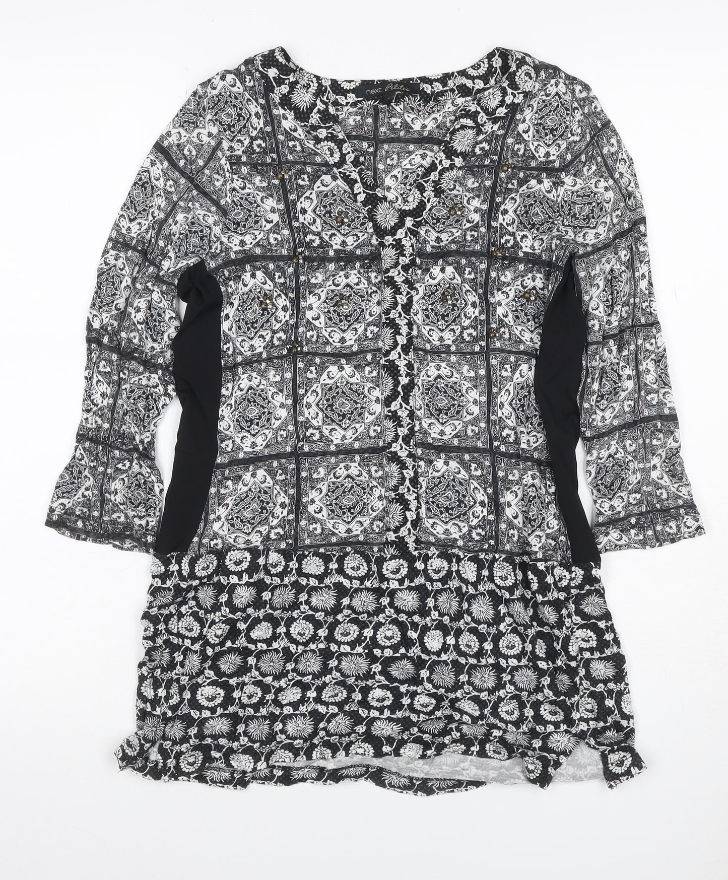 Next Petite Women’s Black White UK 6 Shift Mini Floral Button Dress
