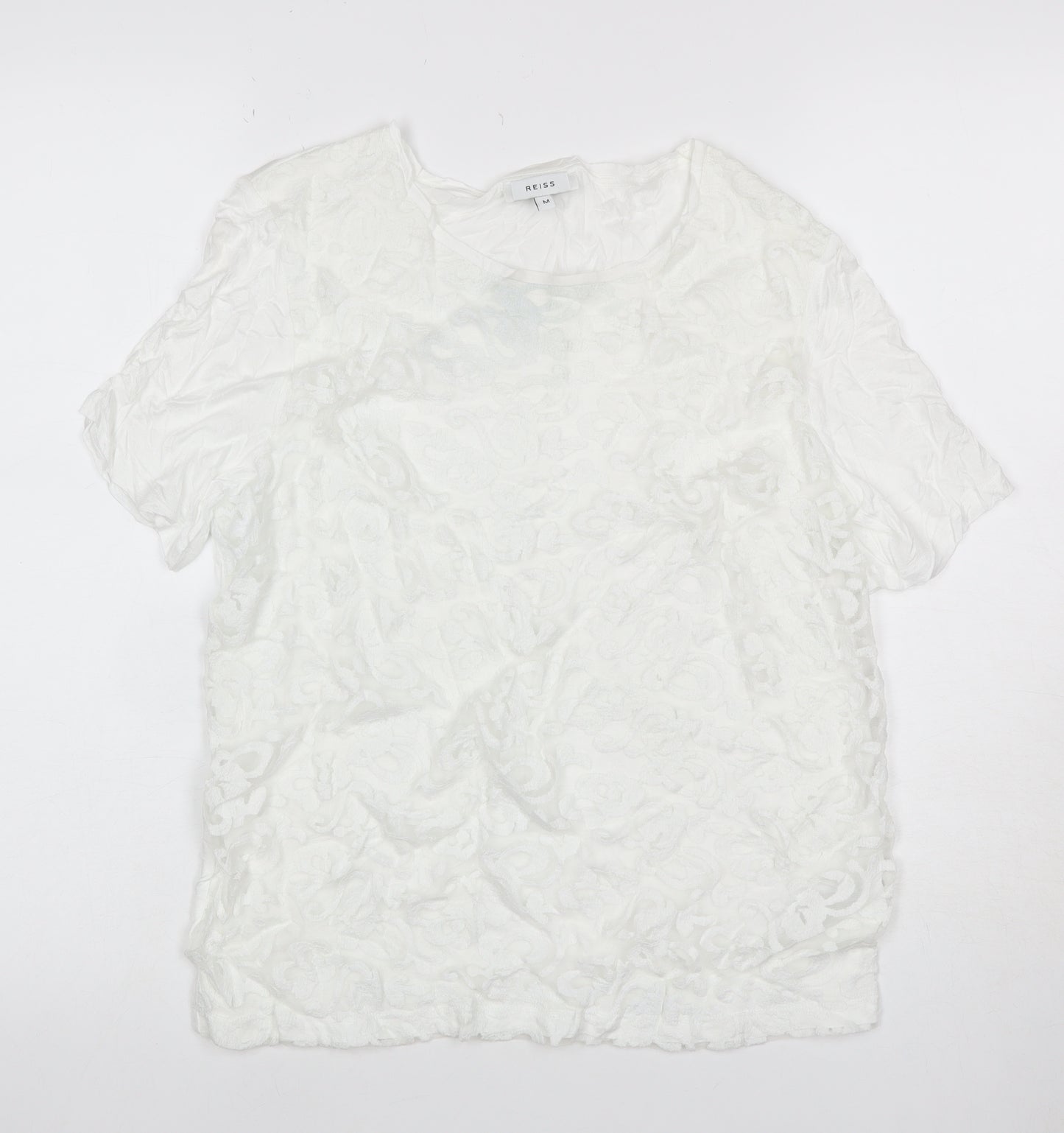Reiss Women White M Floral Lace Puff Sleeve Short Sleeve T-Shirt