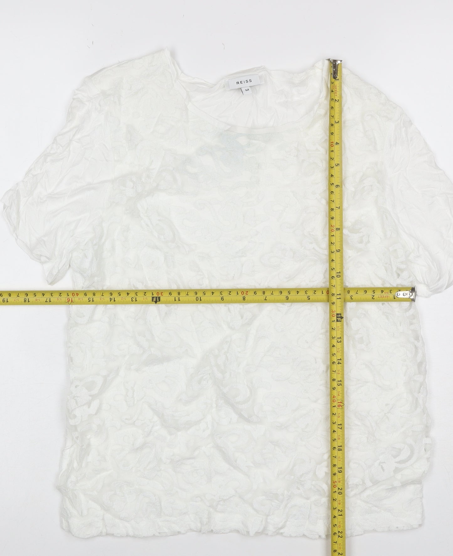 Reiss Women White M Floral Lace Puff Sleeve Short Sleeve T-Shirt