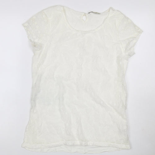 LCW Casual Women Ivory 2XL Floral Lace Keyhole Cap Sleeve Blouse
