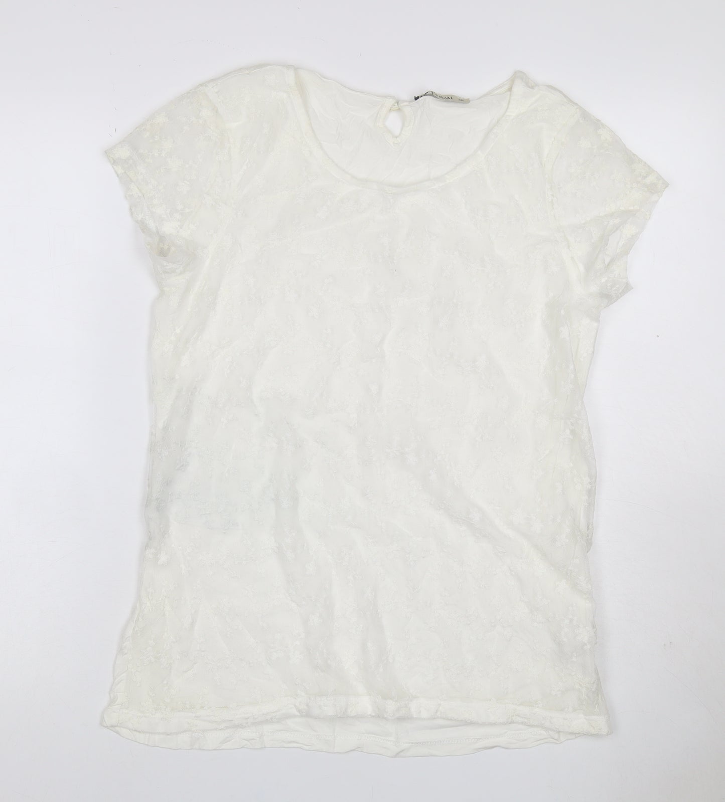 LCW Casual Women Ivory 2XL Floral Lace Keyhole Cap Sleeve Blouse