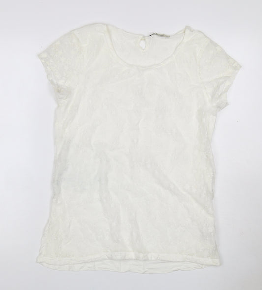 LCW Casual Women Ivory 2XL Floral Lace Keyhole Cap Sleeve Blouse